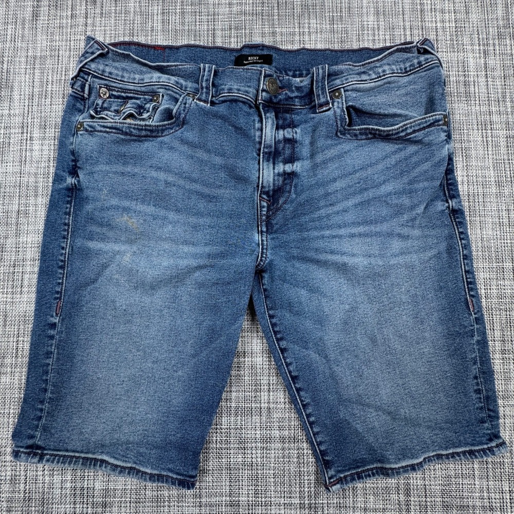 True Religion Mens Rainbow Ricky Relaxed Straight Denim Shorts Blue Size 38